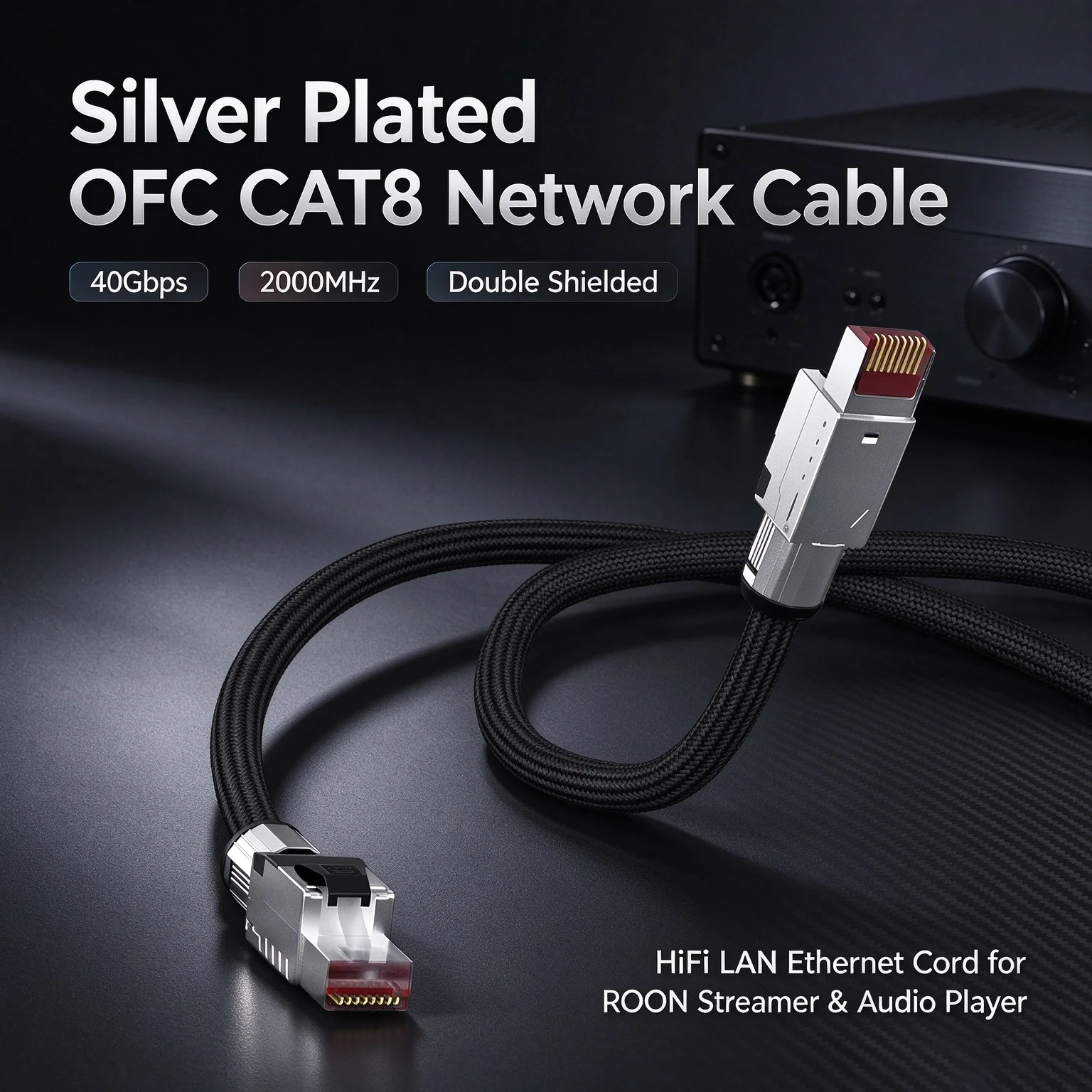 Silver Plated OFC CAT8 RJ45 Network Cable, 40Gbps 2000MHz, Double Shielded HiFi LAN Ethernet Cord for ROON Streamer Audio Player
