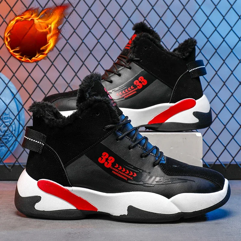 Winter Keep Warm Fur Basketball Boots Men Sneakers High Top Lace Up Ankle Sport Shoes Basket Homme Plush Casual Sneakers