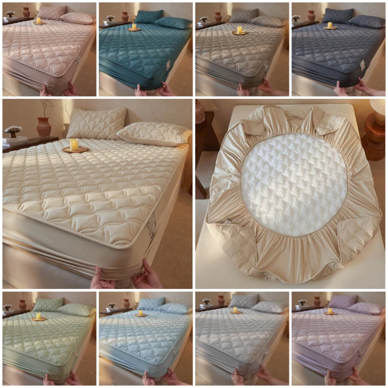 Diamond Grid Cotton Fitted Sheet Soft Crinkle Quilted Cotton Mattress Protector Cover for Home Bedroom Hotel Dormitory Mattress