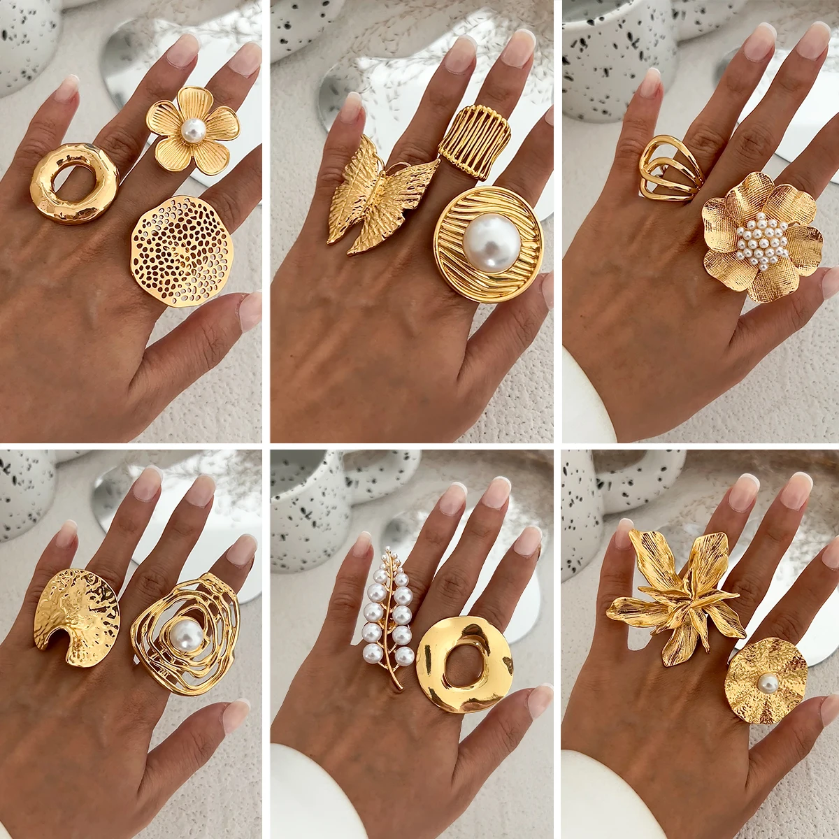 Ingemark 27 Styles Unique Exaggerated Big Flower Starfish Moon Rings Women Punk Geometric Adjustable Finger Ring Grunge Jewelry