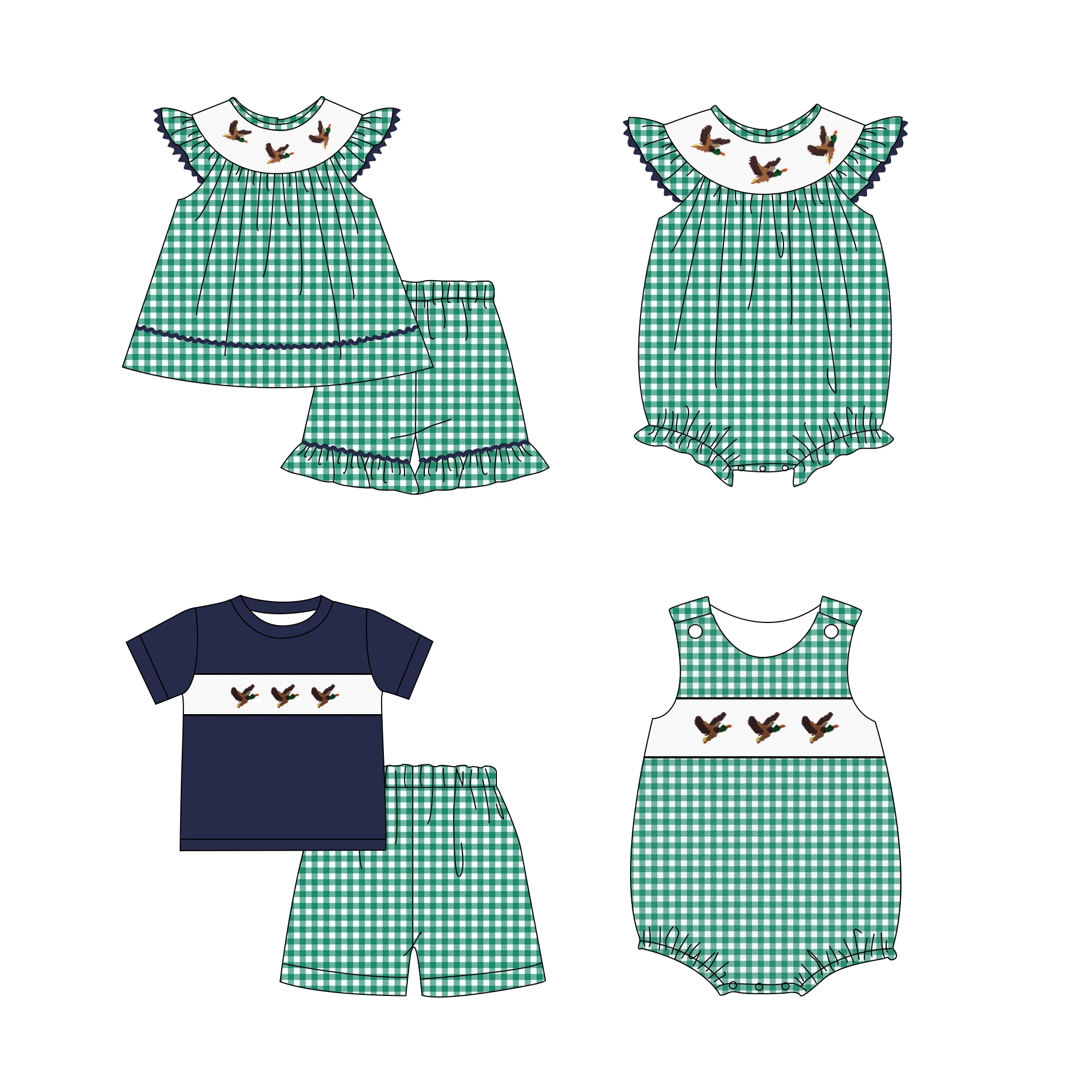 

Boutique Hand Smock Baby Short Sleeved Black T-shirt Set Neck Duck Partern Boy Top Clothes Green Lattice Shorts Set Gril Romper