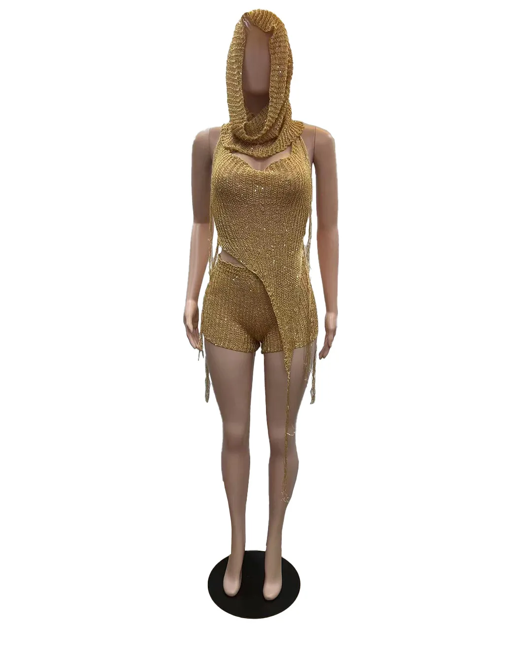 Women Summer 2023 Sexy Square Neck Sleeveless Backless Strap Hollow Sequin Irregular Top + Shorts Two Piece Set Club Party Wear