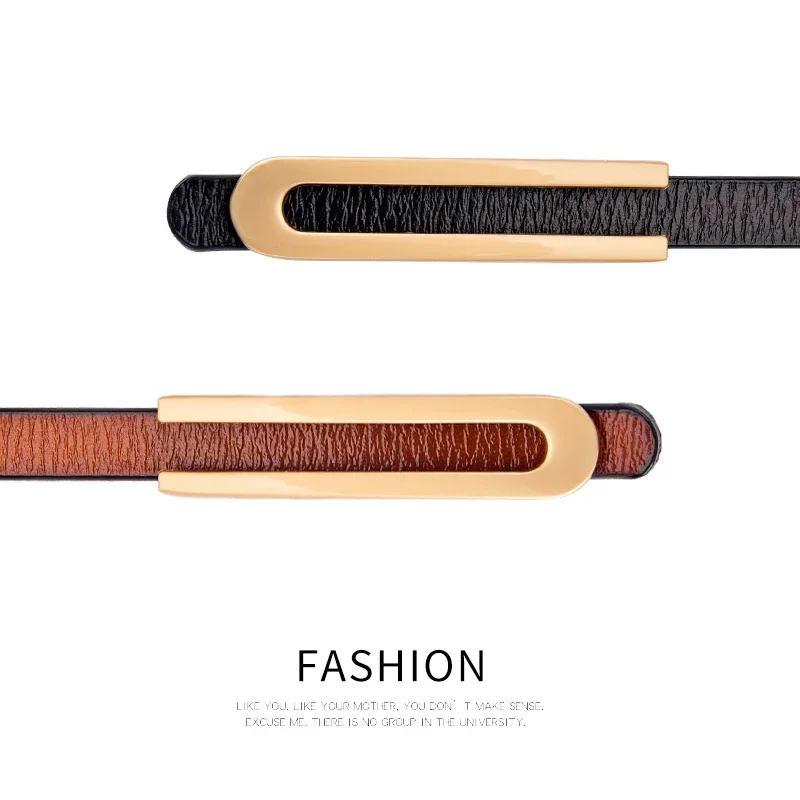 Trendy Ladies Waist Belts Cowhide Leather Thin Belt with U Shaped Smooth Buckle for Dresses