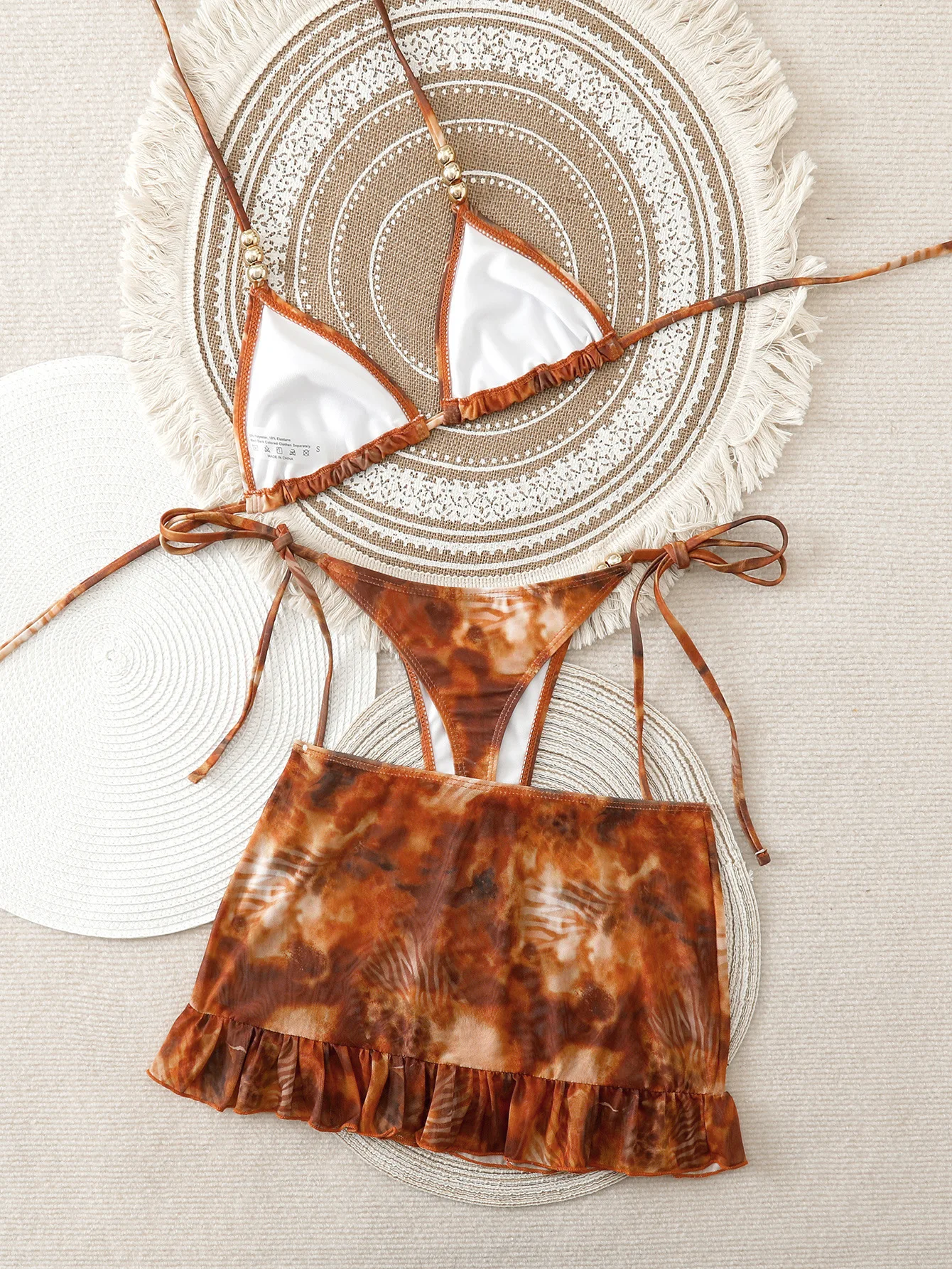 Sexy Orange Tie Dye Print 3pcs Bikini Set with Mesh Ruffles Skirt Sexy Backless Halter Bandage Women Push Up Thong Swimsuit