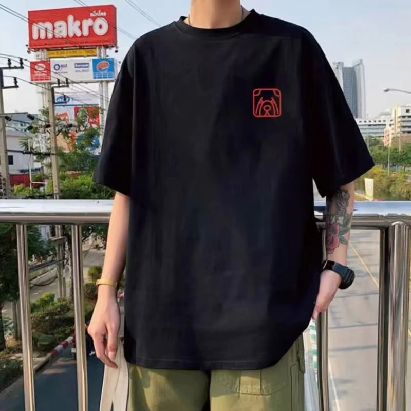 Unisex Chinese Calligraphy Back Print T‑Shirt Front Minimal Dog Graphic Short Sleeve Crew Neck Loose Oriental Tops for Men Women