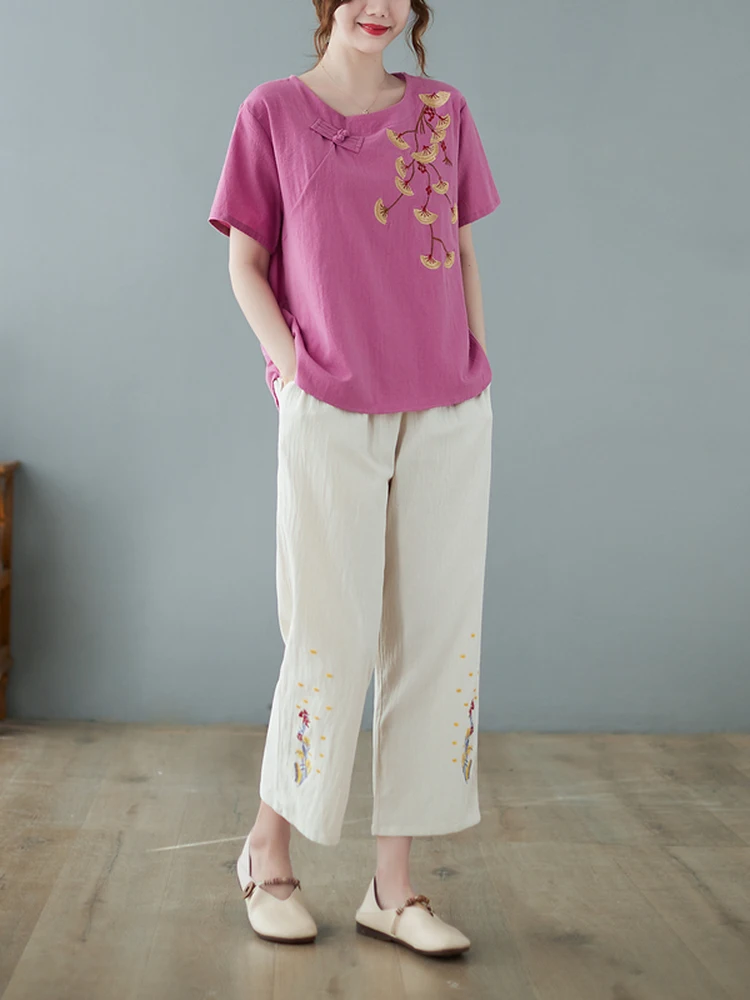 

Linen Cotton Embroidered Top And Pants Set for Women Summer Loose Fit Casual Style Mid-aged And Elderly Fashion Ensemble