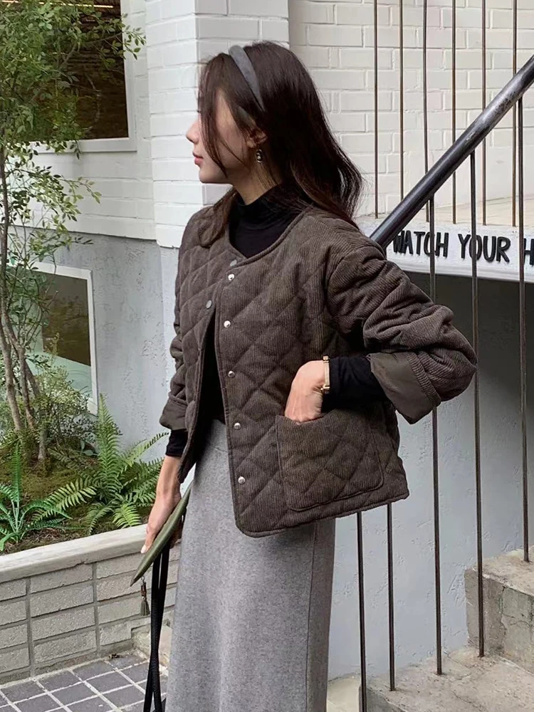 

Легкое вельветовое хлопковое пальто для женщин на раннюю осень, круглый вырез, длинный рукав, без воротника, с ромбовидным узором, на хлопковой подкладке