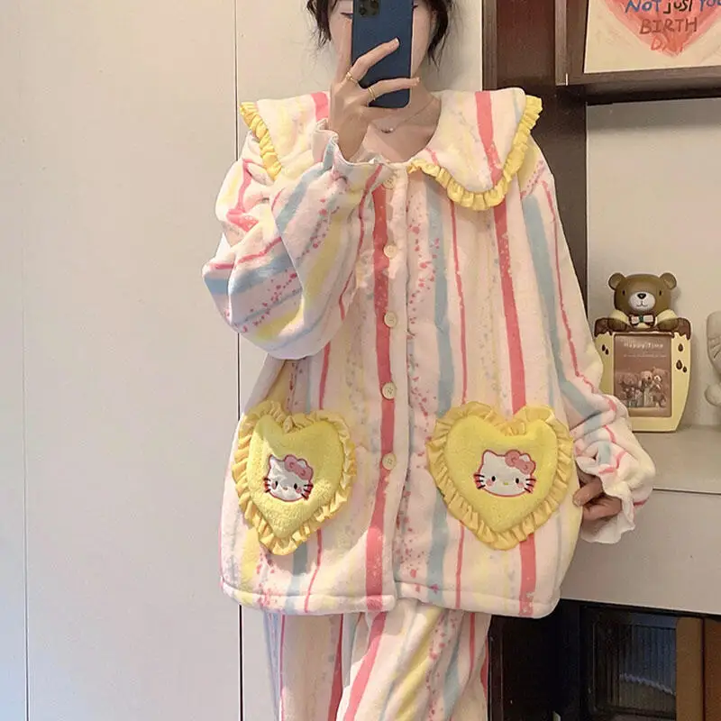 

Милые фланелевые пижамы «Hello Kitty», осень-зима, женские коралловые бархатные утолщенные кукольные воротники с длинными рукавами, теплая домашняя одежда принцессы