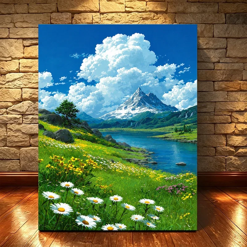 1 Set Professional Art Use Adult Paint by Numbers DIY Kit, Snow Mountain Lake Daisy Pastoral Scenery, 40x50cm/15.7x19.6in, Frame