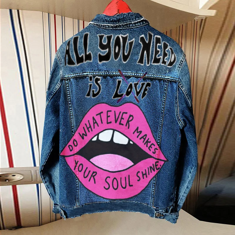 Jacketwomen's New Stylewomen's Denim Spring And Autumn New Hot Selling Street INS Net Red Personality Lip Letter Printing Patter