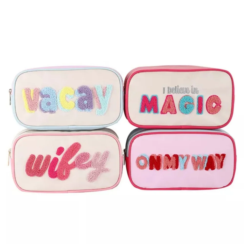 Embroidery Makeup Pouch Cosmetic Bag Personalized Bags With Zipper Small Travel Makeup Zipper Pouch Purse Stitching PU Leather