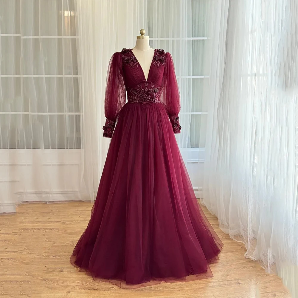 

High Quality Purple Elegant Customized Tulle Evening Dresses O-Neck with Appliques Beading A-line Prom Gowns for Floor Length