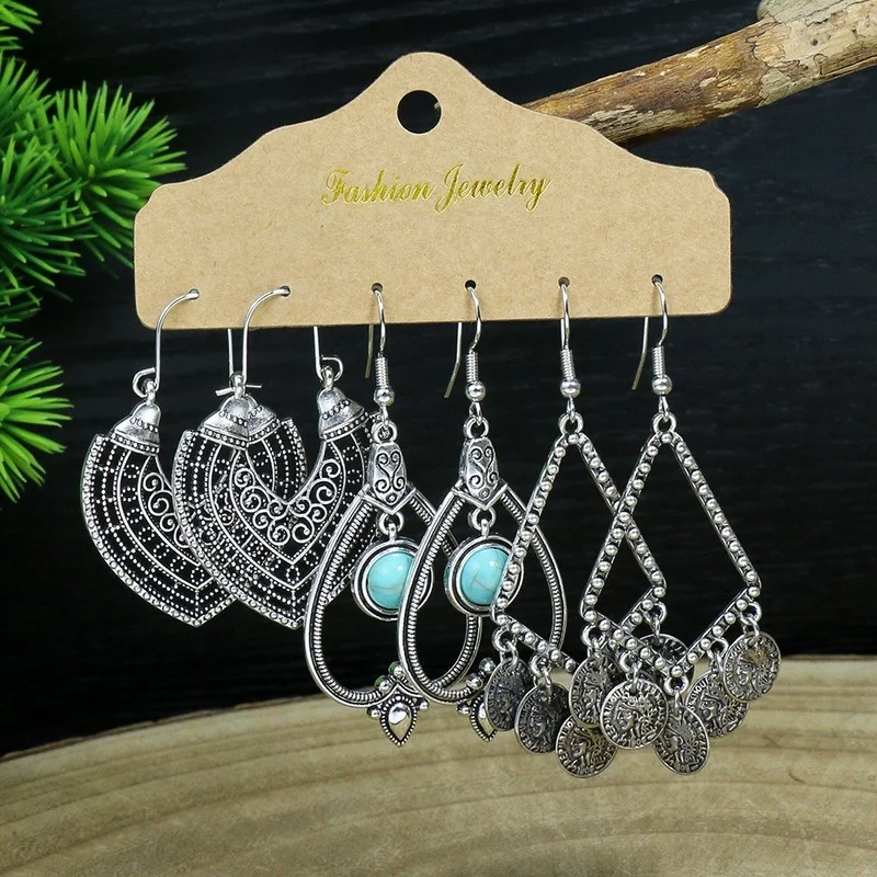 3 Pairs Ancient Silver Color Earrings Set for Women Vintage Bamboo Moon Leaves Shape Alloy Indian Earrings Ethnic Boho Jewelry