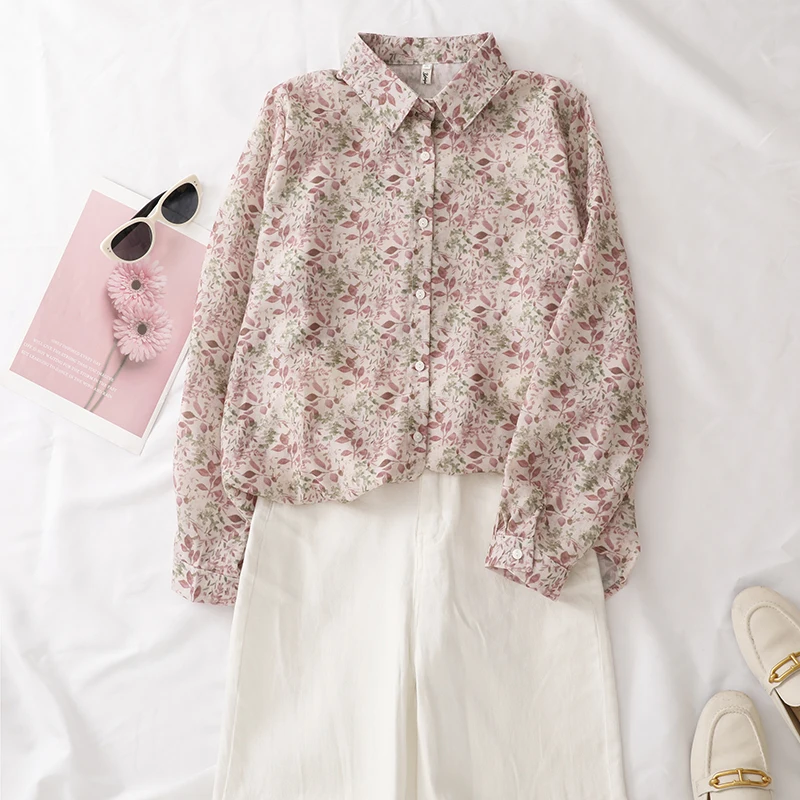 

2026 Spring Summer New Pink Leaf Print Shirt Thin Floral Women's Tops Blouse Boho Streetwear Camisas Blusas Femininas