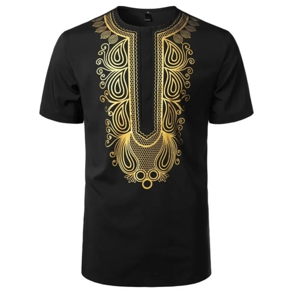 Men\'s Summer 3D Gold Printed Short Sleeves, African Style, Fashionable, Casual, Loose Fitting, Breathable, Polyester Fiber.