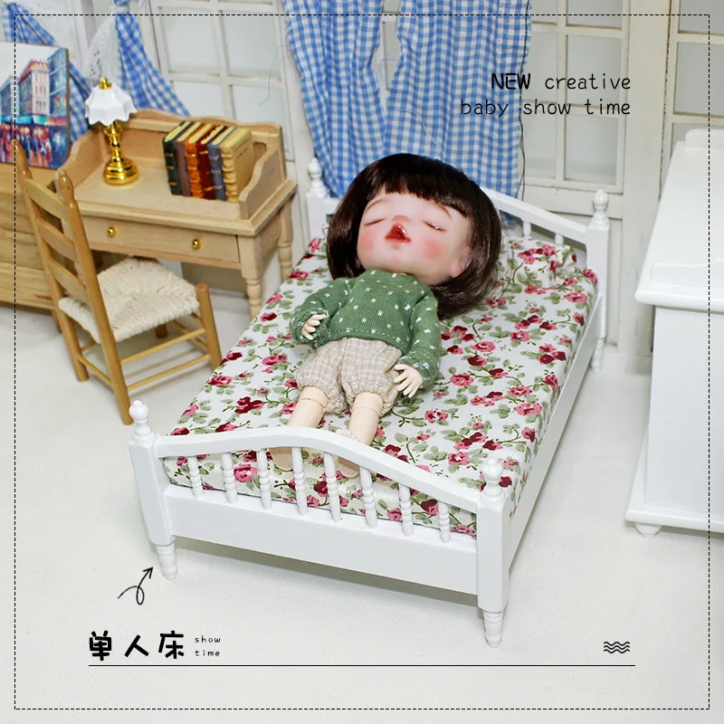 1:12 Simulation Creative Miniature Single Bed Dollhouse Accessories Waterweed Pattern DIY Model Toys Room Decoration