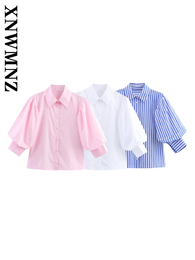 

XNWMNZ 2025 Summer Lady Commuting Simple Long Sleeve Blouses Casual Woman's Turn-down Collar Long Sleeve Top Fashion Striped Top
