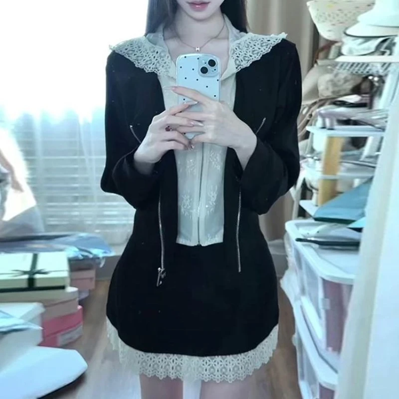 

Korean Fashion Spliced Lace with Hat Zipper Streetwear Cardigan Harajuku Punk Women Short Skirts Y2k Simple Modern 2 Piece Sets