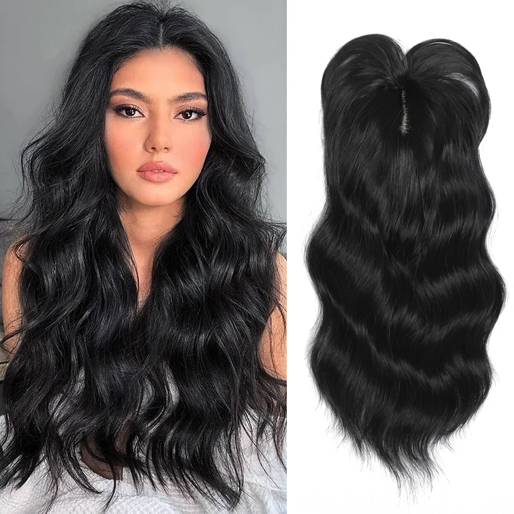 Synthetic 3 Clips In Topper Water Wave Hairpiece Black Brown Women Fake Hair Clip In Hair Extensions With Bangs Fake Hairpiere