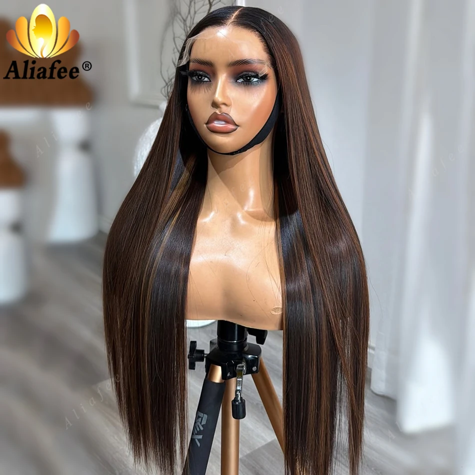 

Transparent Premium Salon Grade Highlight Brown Remy Hair Wig Long Silky Straight 13x6 Transparent Lace Frontal Human Hair Wig