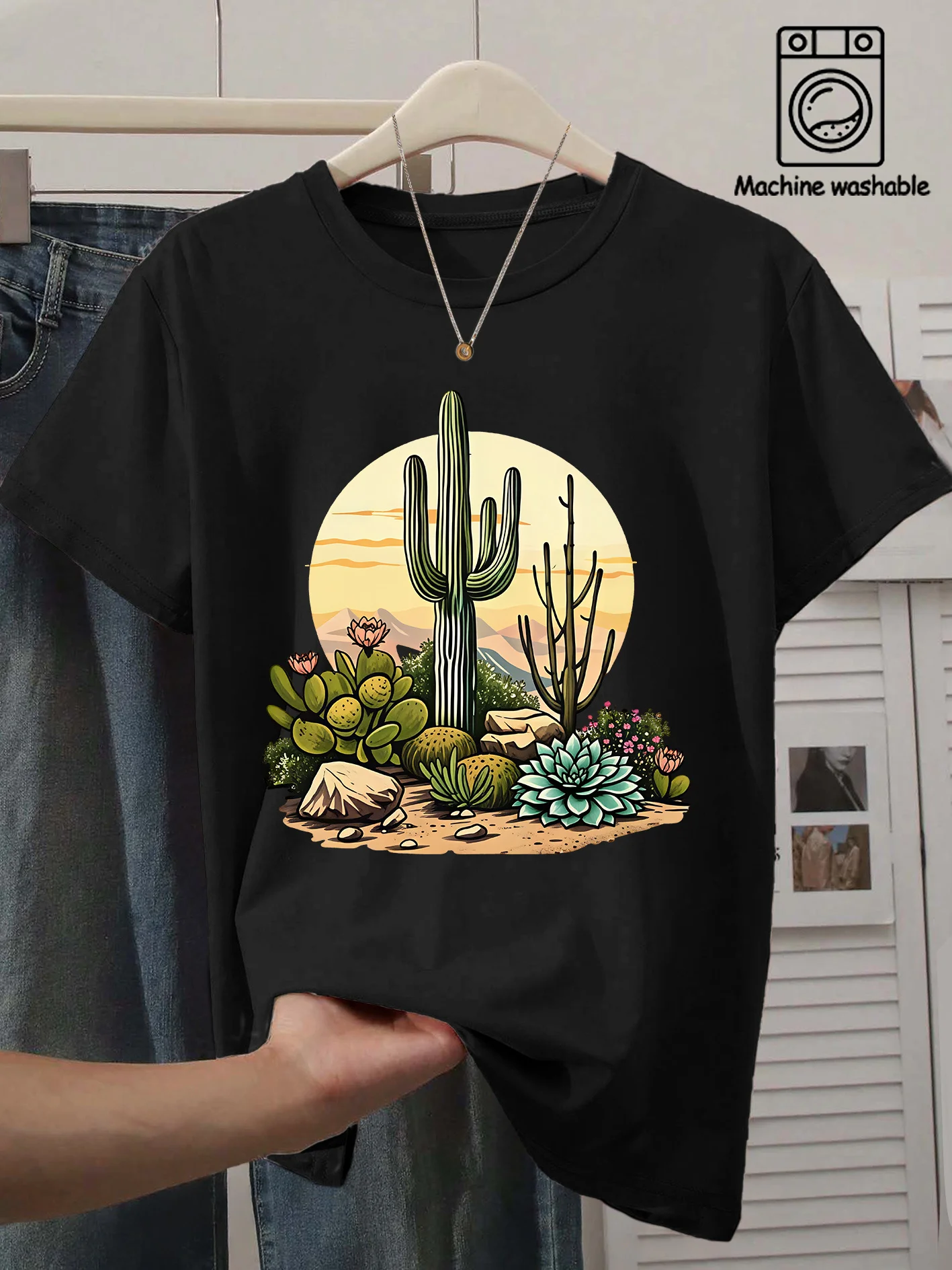 Ladies' Round Neck Desert Sunset Cactus Succulent Landscape Printed T-shirt Fun Western Design for Daily Commuting