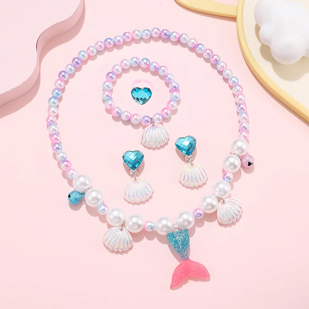 Non-Toxic Mermaid Craft Set DIY Pearl Necklace Kit Ocean Theme Princess Jewelry Nickel-Free Kids Gift for Creative Pretend Play