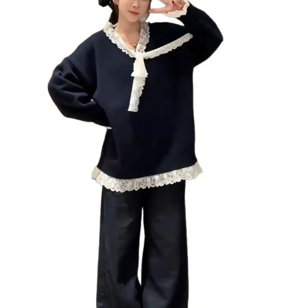 

Корейский стиль, женский свитер с длинными рукавами и v-образным вырезом, кружевной свитер, утягивающий шикарный пуловер, топ на осень