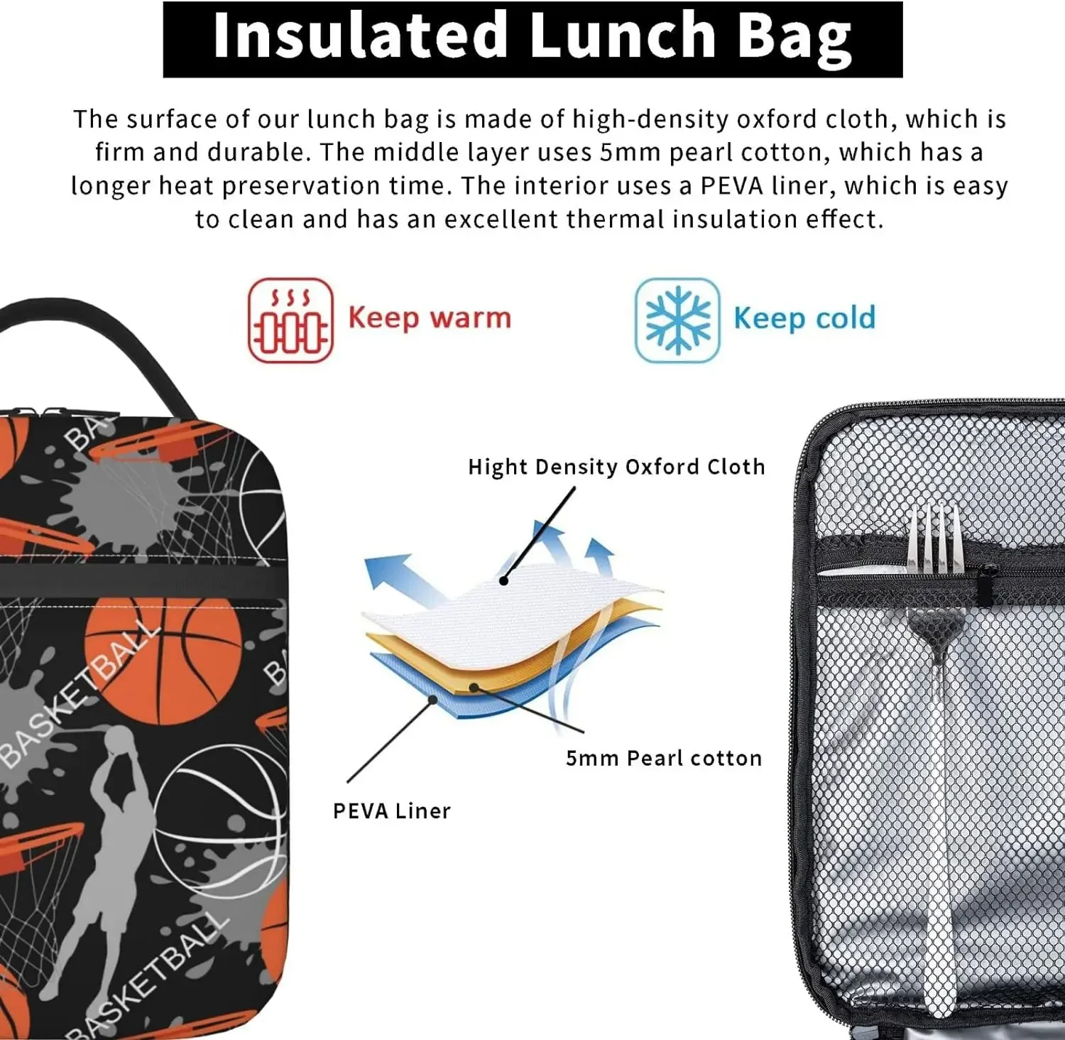 Art Basketball Durable Waterproof Insulated Lunch Bag Reusable Cooler Thermal Tote Lunch Box Organizer for School Work Picnic