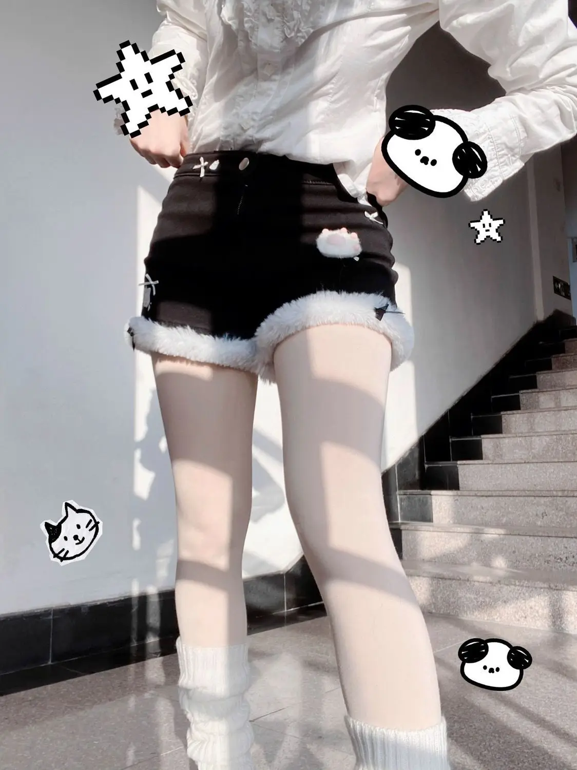 Japanese Subculture Home Plus Velvet Cute Fur-Edge Denim Shorts Autumn And Winter High-Waisted Versatile Slimming Tight Shorts