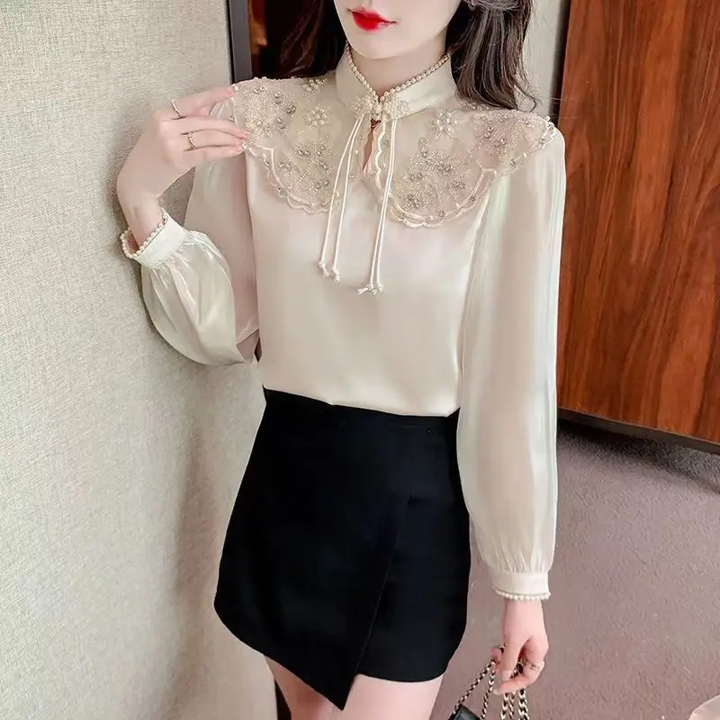 2023 chinese style vintage cheongsam blouse women elegant vintage top lace ol retro qipao blouse women long sleeve elegant top