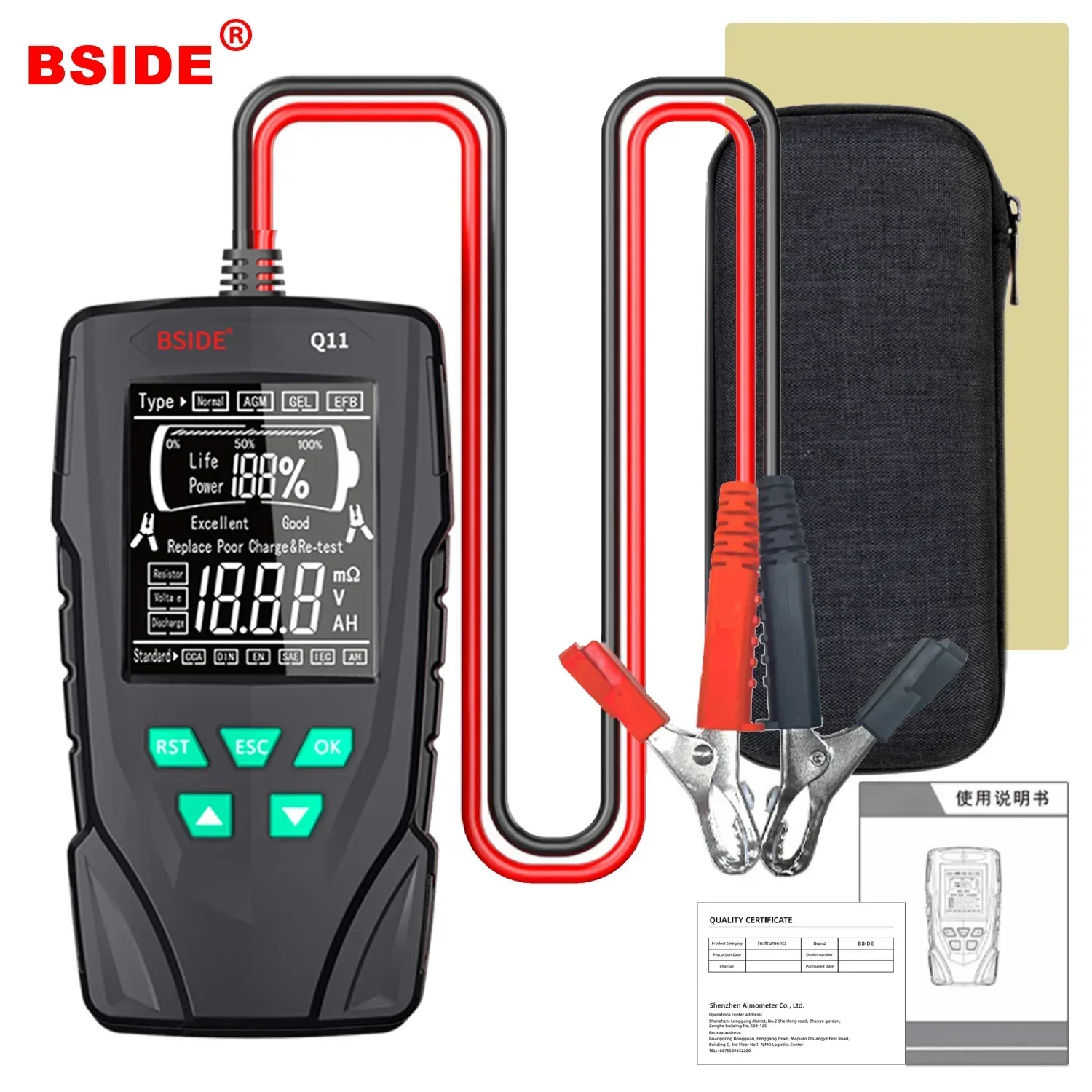 BSIDE Q11 Car Battery Tester Accurately Test 12V 24V Lead Acid Battery Life Capacity and Internal Resistance for Diagnosis