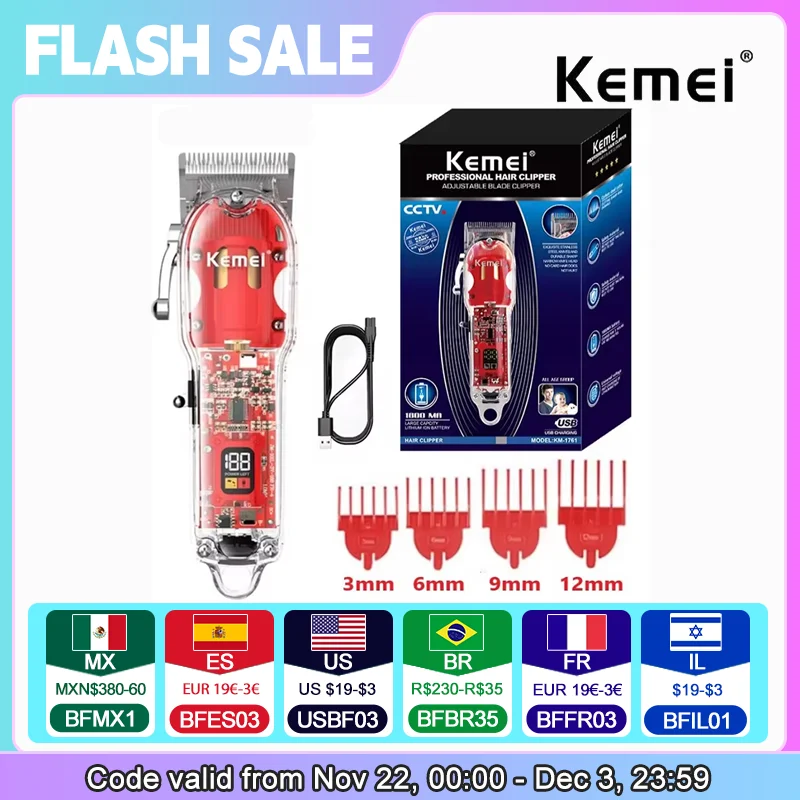 Kemei Rechargeable Hair Cutting Machine Barber Shop Fade Hair Clippers Cordless Trimmer Transparent Cover Red Base KM-1761&246