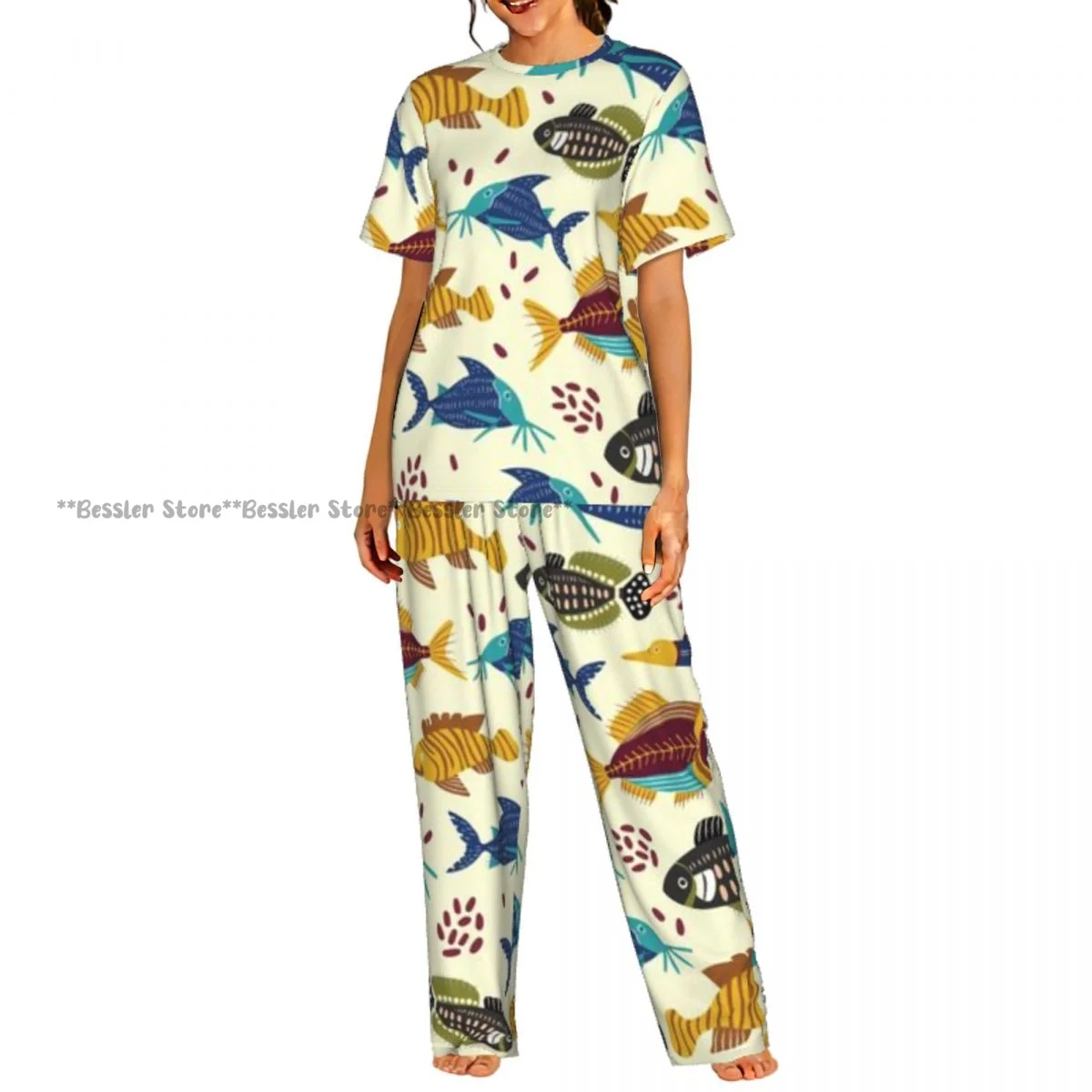 

Women's Pajamas Set Colorful Fish Flock Pattern Short Sleeve Sleepwear 2 Piece Homewear Loungewear