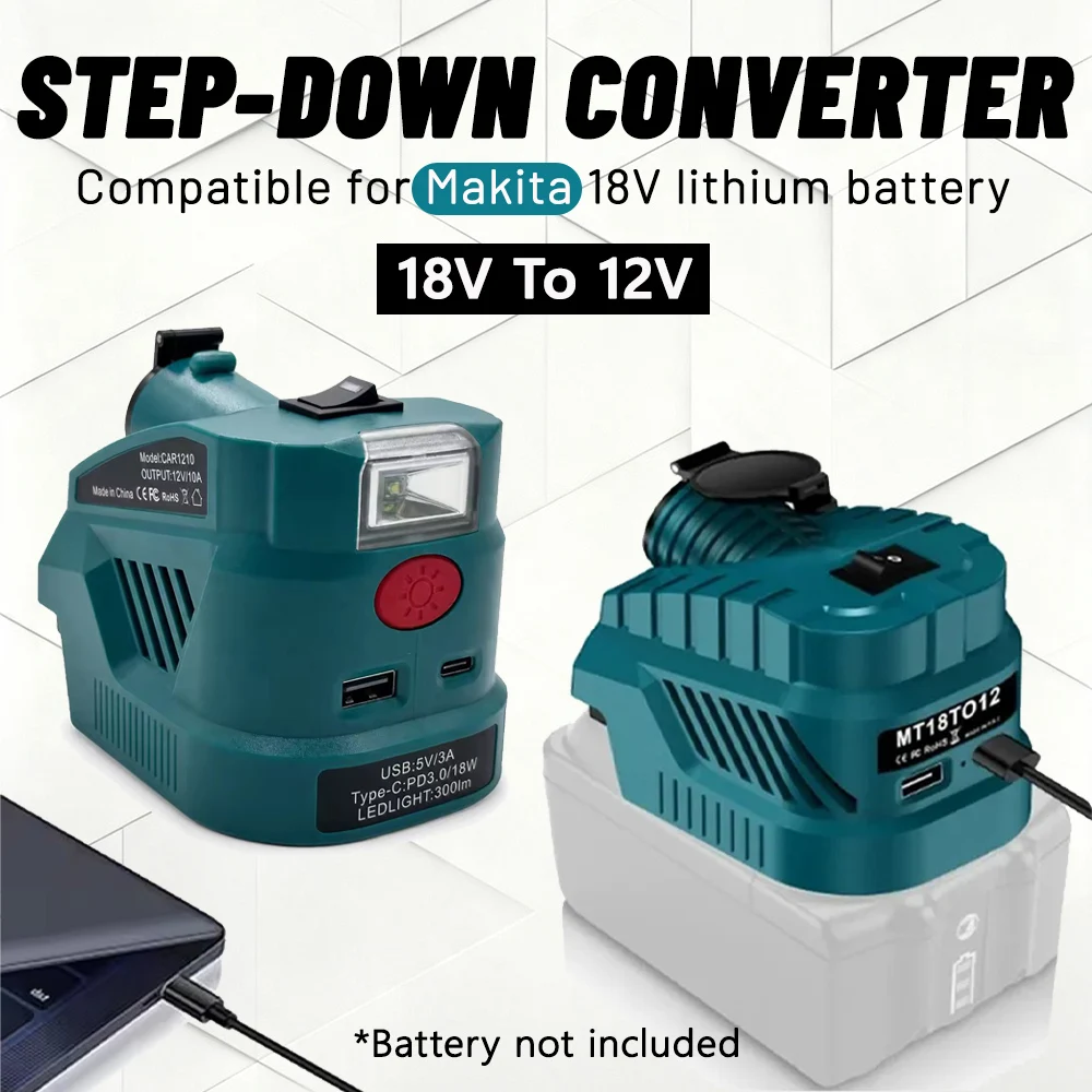 18V to 12V Step-Down Converter for Makita 18V Lithium Battery, Cigarette Lighter Adapter USB & Type-C Fast Charge (No Battery)