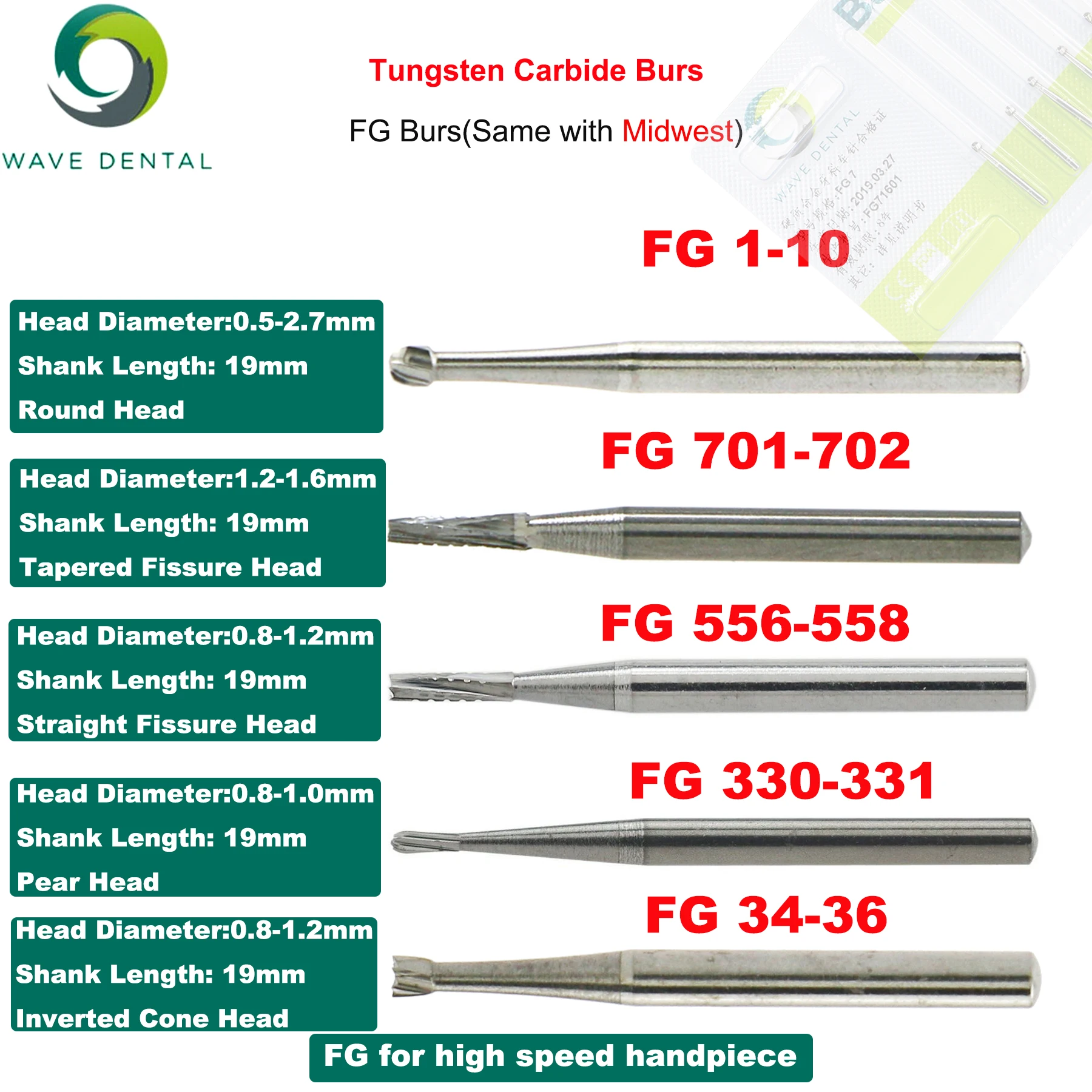 PRIMA WAVE Dental Burs Tungsten Carbide Burs Dentistry Drill Dia.0.5-2.7mm FG-Series For High Speed Handpiece Strawberry