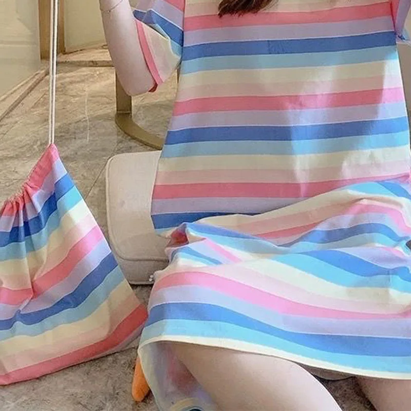 Sleeping Skirt Female Sweet and Lovely Including Cloth Bag in the Long Section of Short-Sleeved Large Size Women\'s Home Clothing