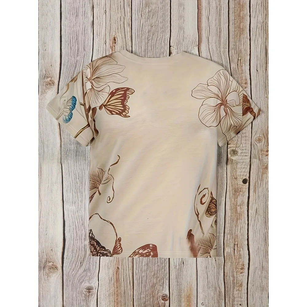 

Плюс размер 1XL-5XL новая летняя женская модная нишевая модная повседневная футболка больших размеров с v-образным вырезом и цветочным принтом