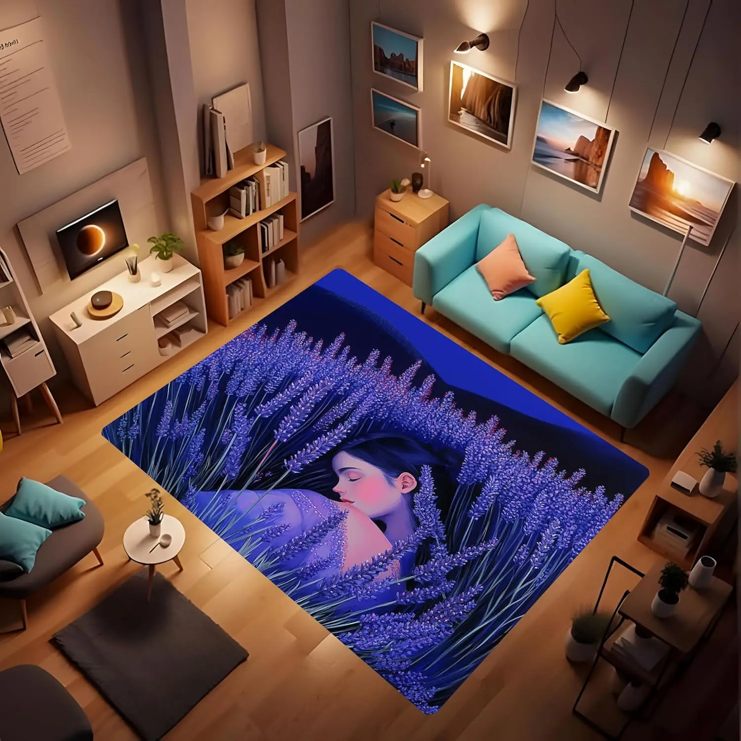 Bohemian Style Printed Carpet, Lavender Dancing in The Wind, Like a Purple elf,Suitable for Living Room, Dining Room and Bedside