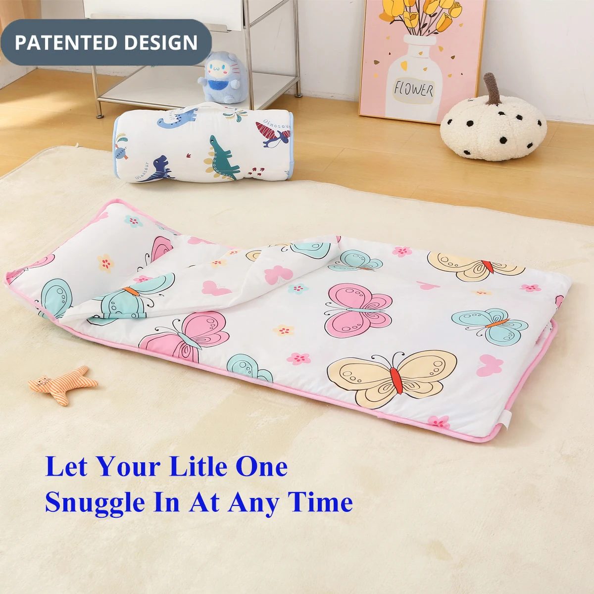 Butterfly Printed Sleeping Bag with Removable Pillow Soft Sleeping Mat for Boys Girls Preschool Ages 3-6 Years 100% Cotton