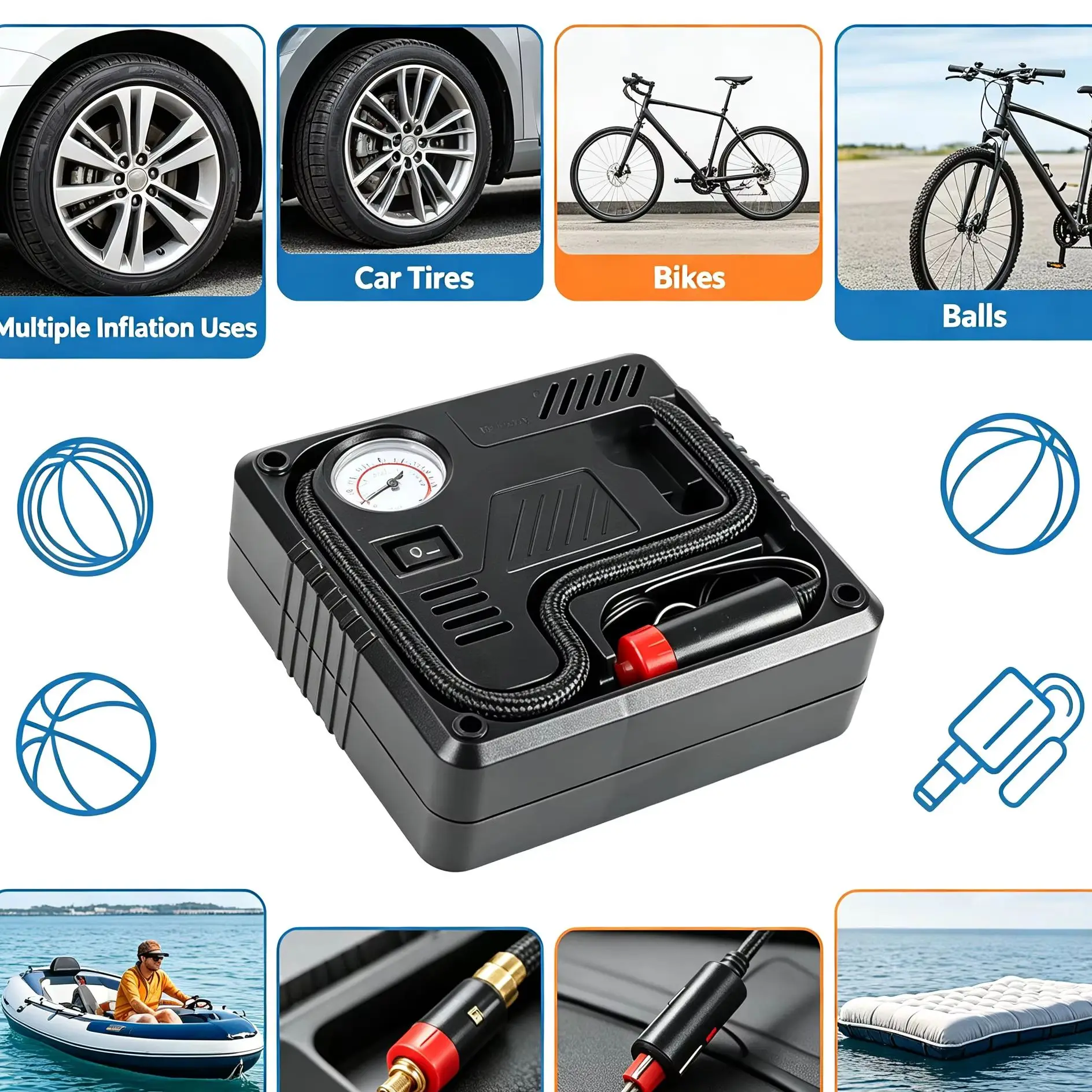 Portable 12V Car Air Compressor Tire Inflator with Jump Starter Connector Home Car Dual Charging