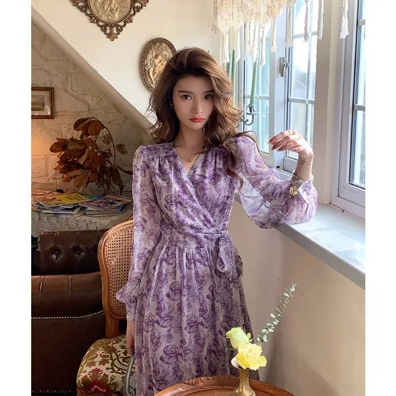 Printed French New Princess Skirt V-neck Slim Flared Sleeves Ruffled Lady Retro Dresses #3