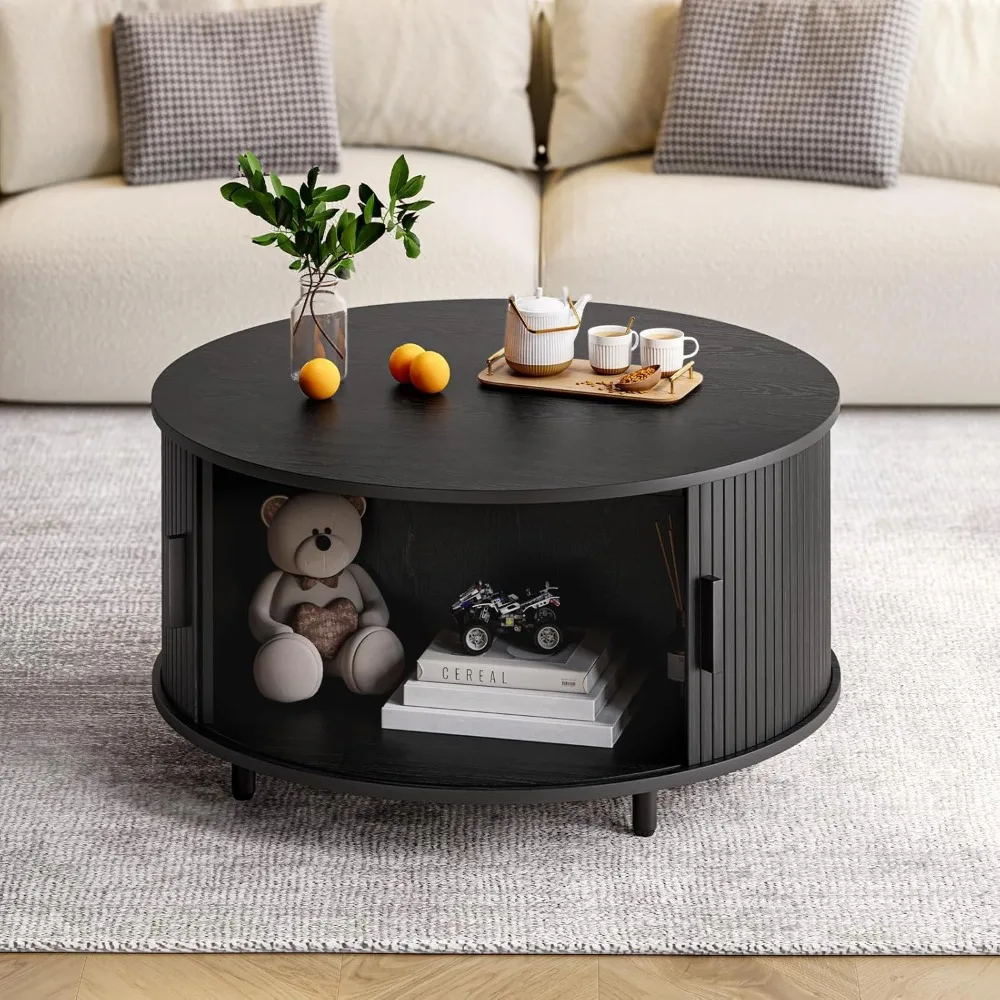 Contemporary 31.5 Circular Coffee Table with Fluted Wood Design and 360° Sliding Storage Access