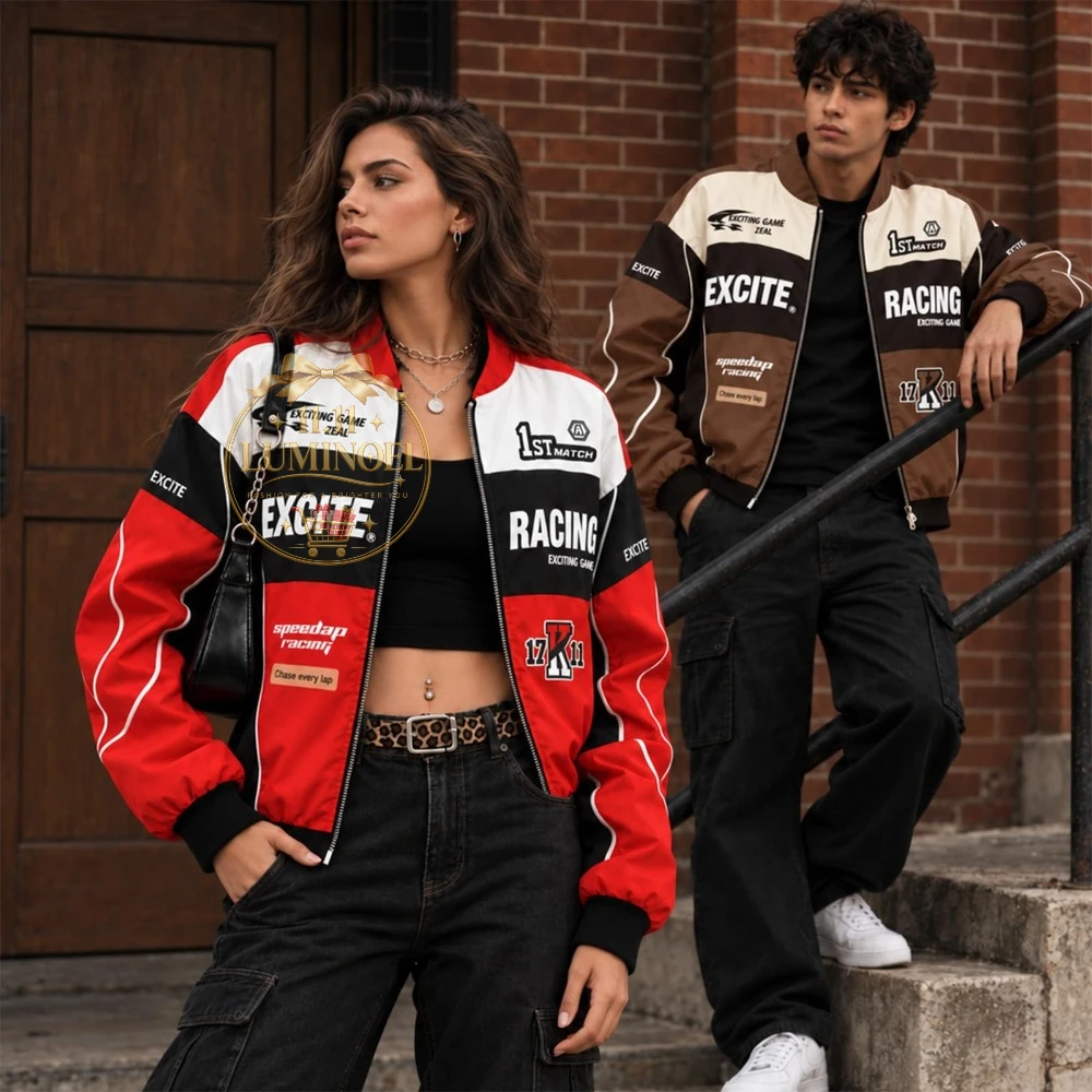 Race Car Jacket for Adult Vintage Color Block Letter Graphic Bomber Jackets Women Men Race Car Driver Jacket Loose Lightweight