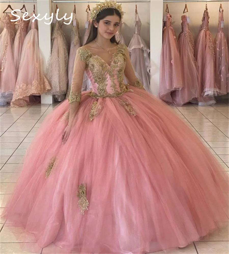 Vestidos princesa Quinceanera com apliques dourados para mulheres, concurso manga comprida, 16 doces vestidos de festa rosa, 15 anos, 2024