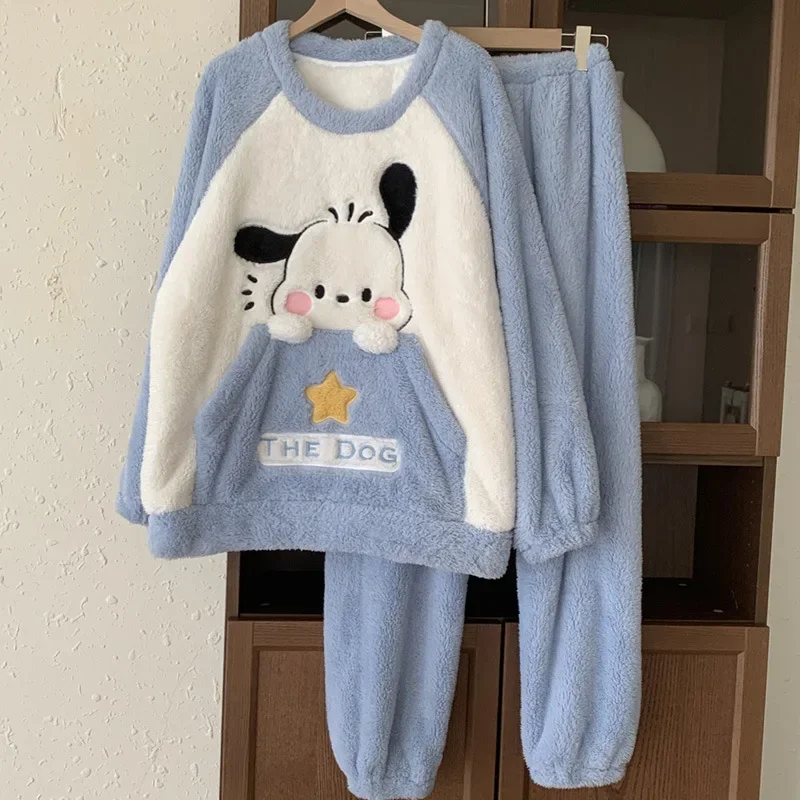 

Kawaii Cute Sanrio Pochacco Plush Women Pajamas Cartoon Anime Round Neck Long-sleeved Warm Pants Two-piece Loose Casual Homewear