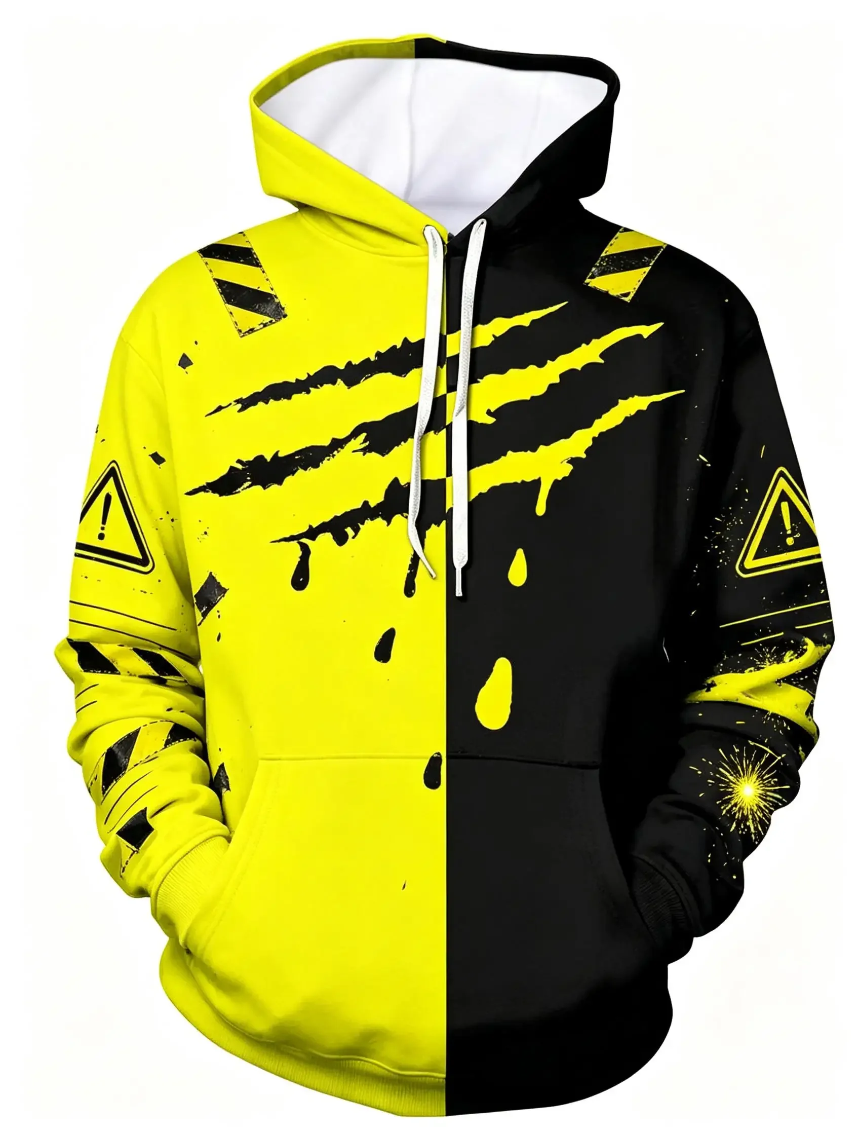 Men's Warning Claw Scratch Split‑Color Full Print Hoodie Halloween Gothic Long Sleeve Hooded Sweatshirt For Street Style