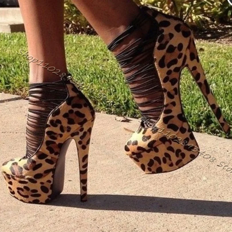 

Leopard Print Flock Stylish Pumps Platform Stiletto Heels Round Toe Sexy Shoes Back Zipper Party Women Pumps Zapatos Para Mujere