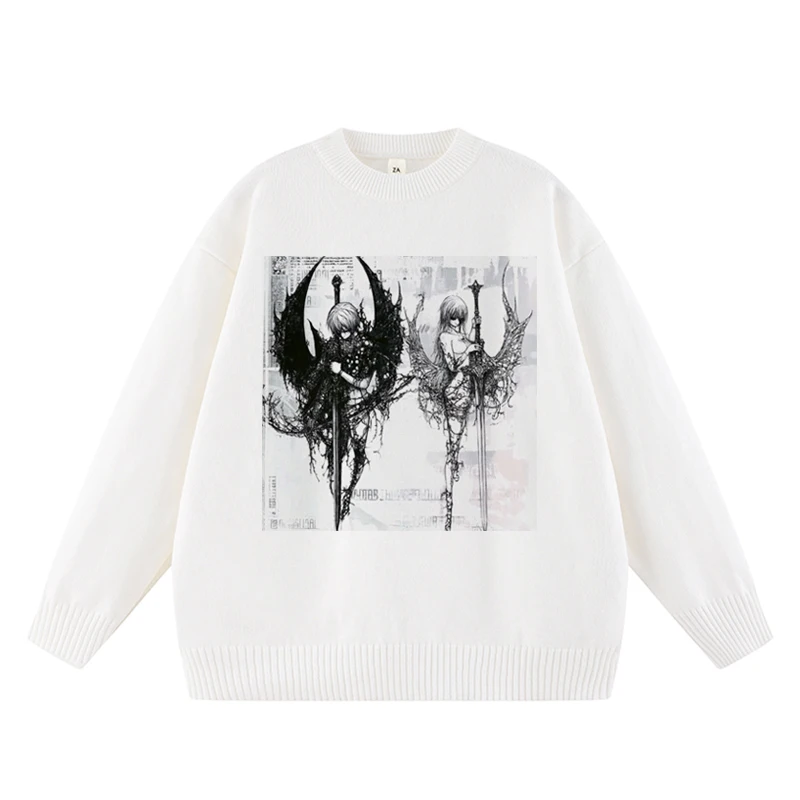 

Y2k Women Vintage White Fashion Sweater Casual Long Sleeve Print Anime Harajuku Knit Pullover Autumn Winter Solid Warm Knitwear