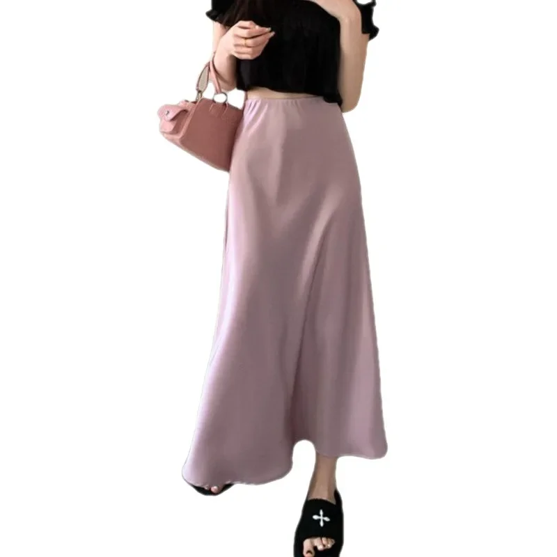 Elegant Women's Skirts High Waist Silk Satin A-line Skirt Lady Fashion Solid Color Purple Long Skirts for Women Fashion 2023