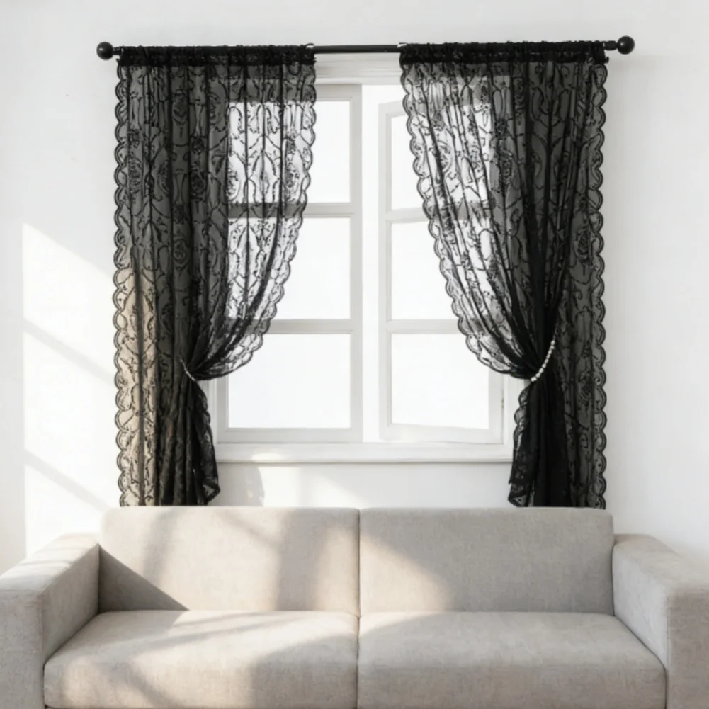 Polyester Panels Black Lace Curtains Elegant Window Treatment Semi-transparent Weave Lace Curtains Living Room